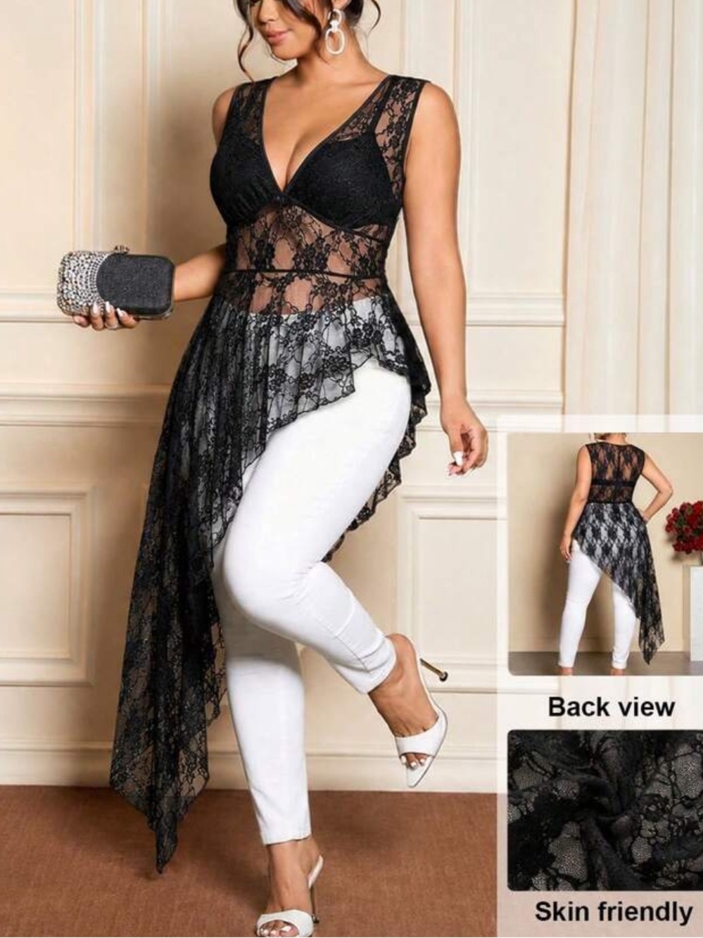 Classic Black Mesh Sheer Lace Asymmetric Peplum Dress Top